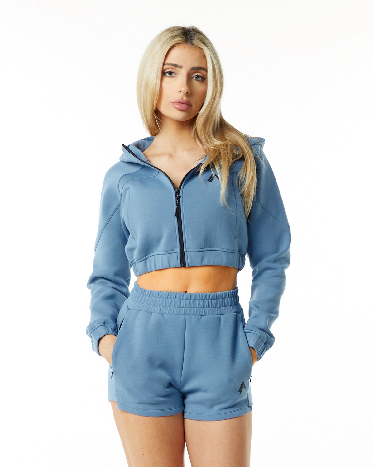 Alphalete Interlock Knit Crop-Zip Hoodie Bleu Femme | EHT-17545687