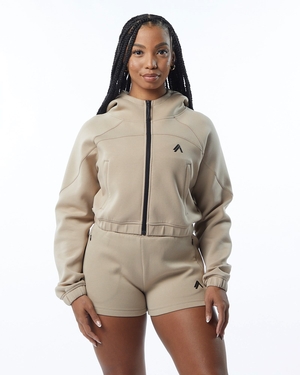 Alphalete Interlock Knit Crop-Zip Hoodie Tan Femme | KYY-53251529