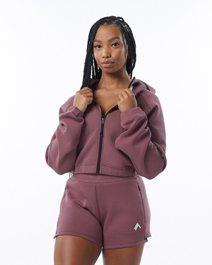 Alphalete Interlock Knit Crop-Zip Hoodie Mauve Femme | CGK-00107849