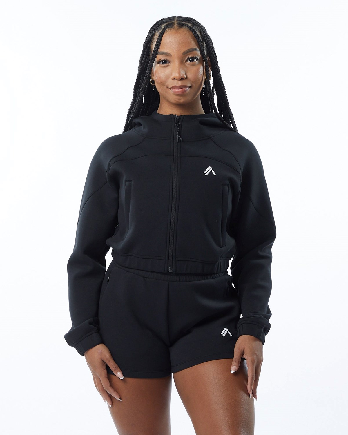 Alphalete Interlock Knit Crop-Zip Hoodie Noir Femme | WPC-08590003