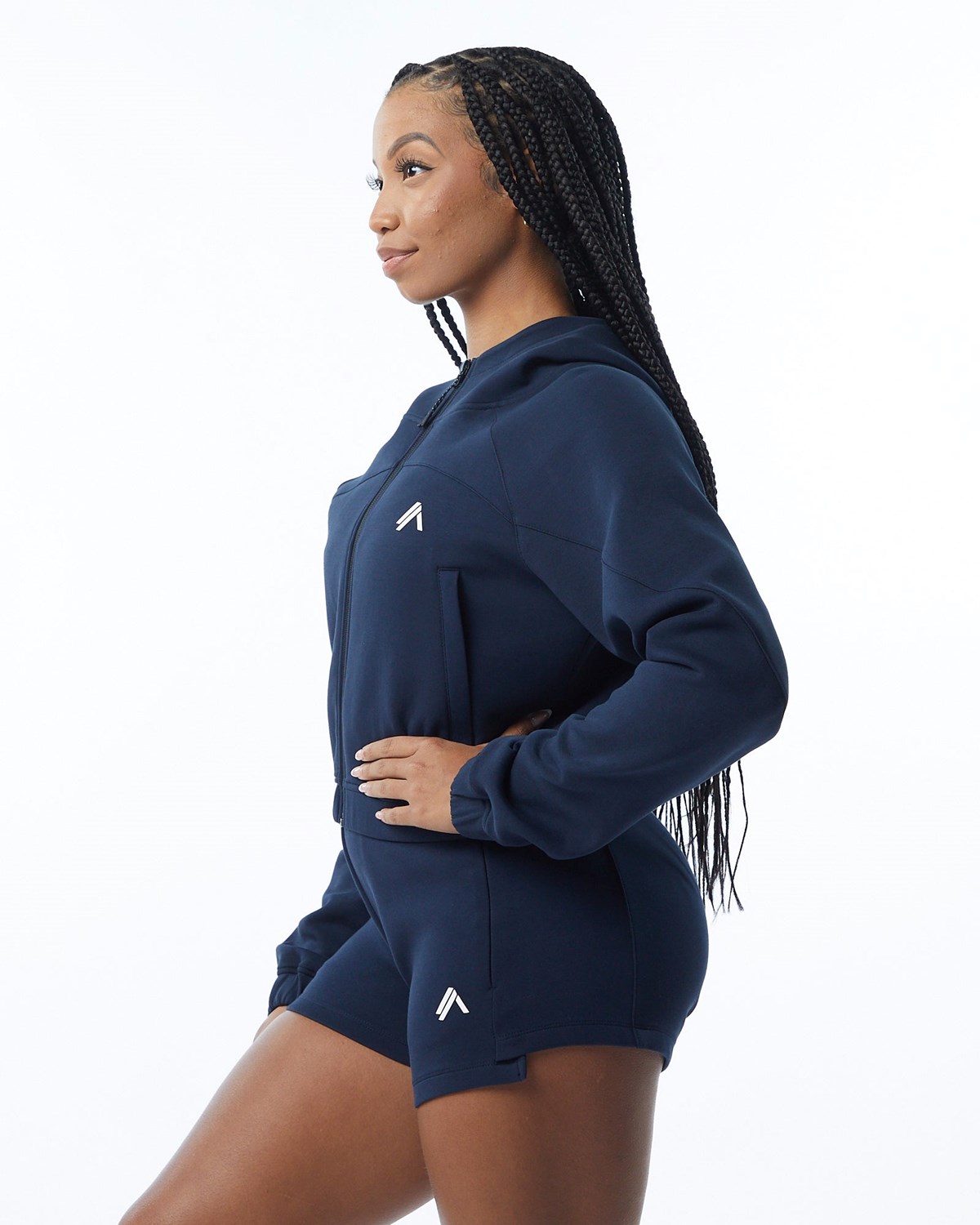 Alphalete Interlock Knit Crop-Zip Hoodie Bleu Marine Femme | PGL-68670501