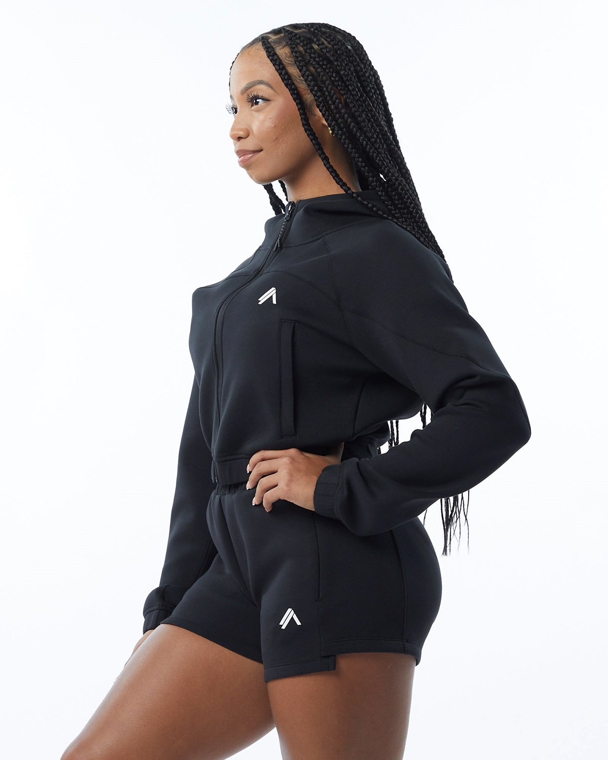 Alphalete Interlock Knit Crop-Zip Hoodie Noir Femme | WPC-08590003