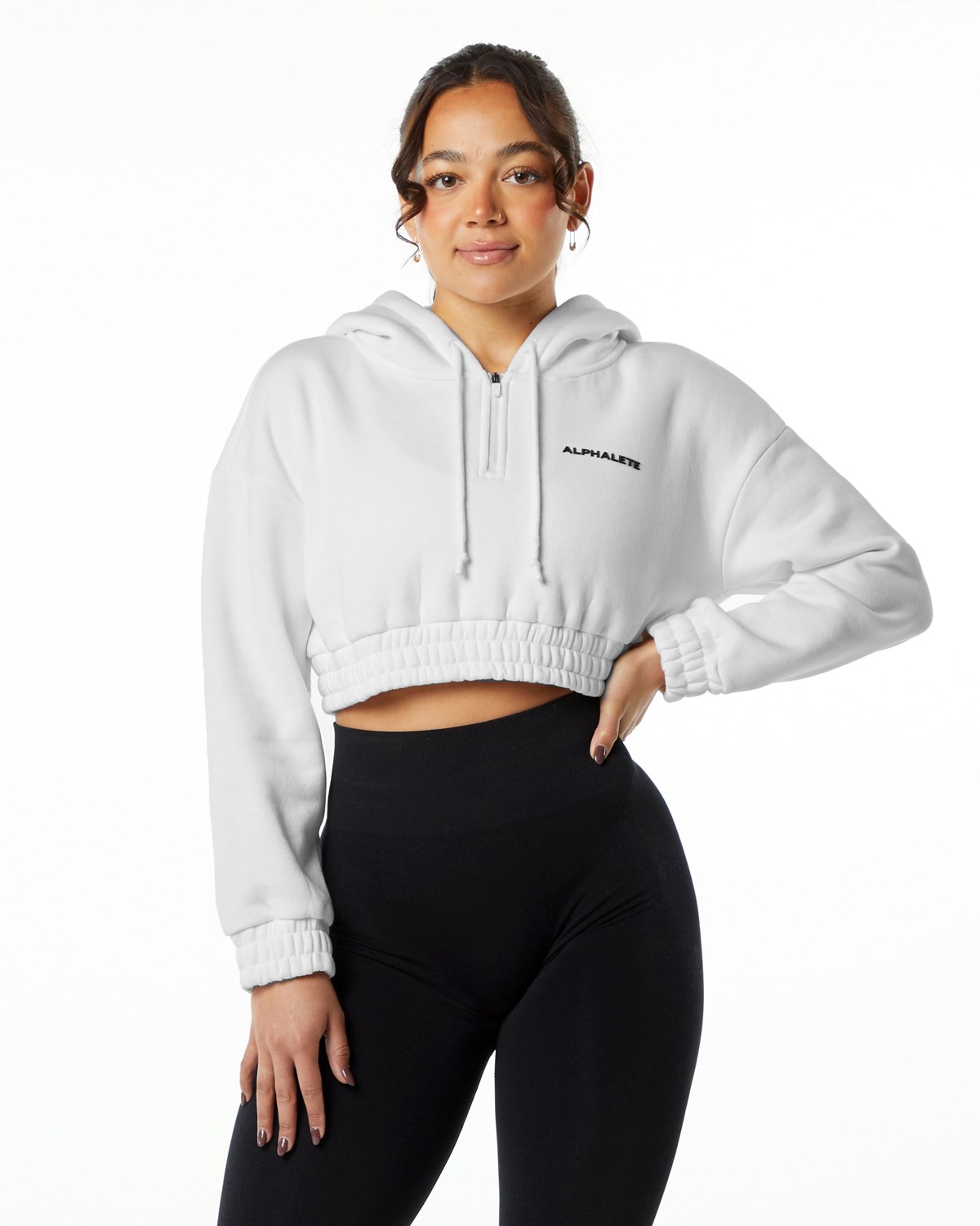 Alphalete Brushed Fleece Half-Zip Crop Hoodie Blanche Femme | PAA-20777048