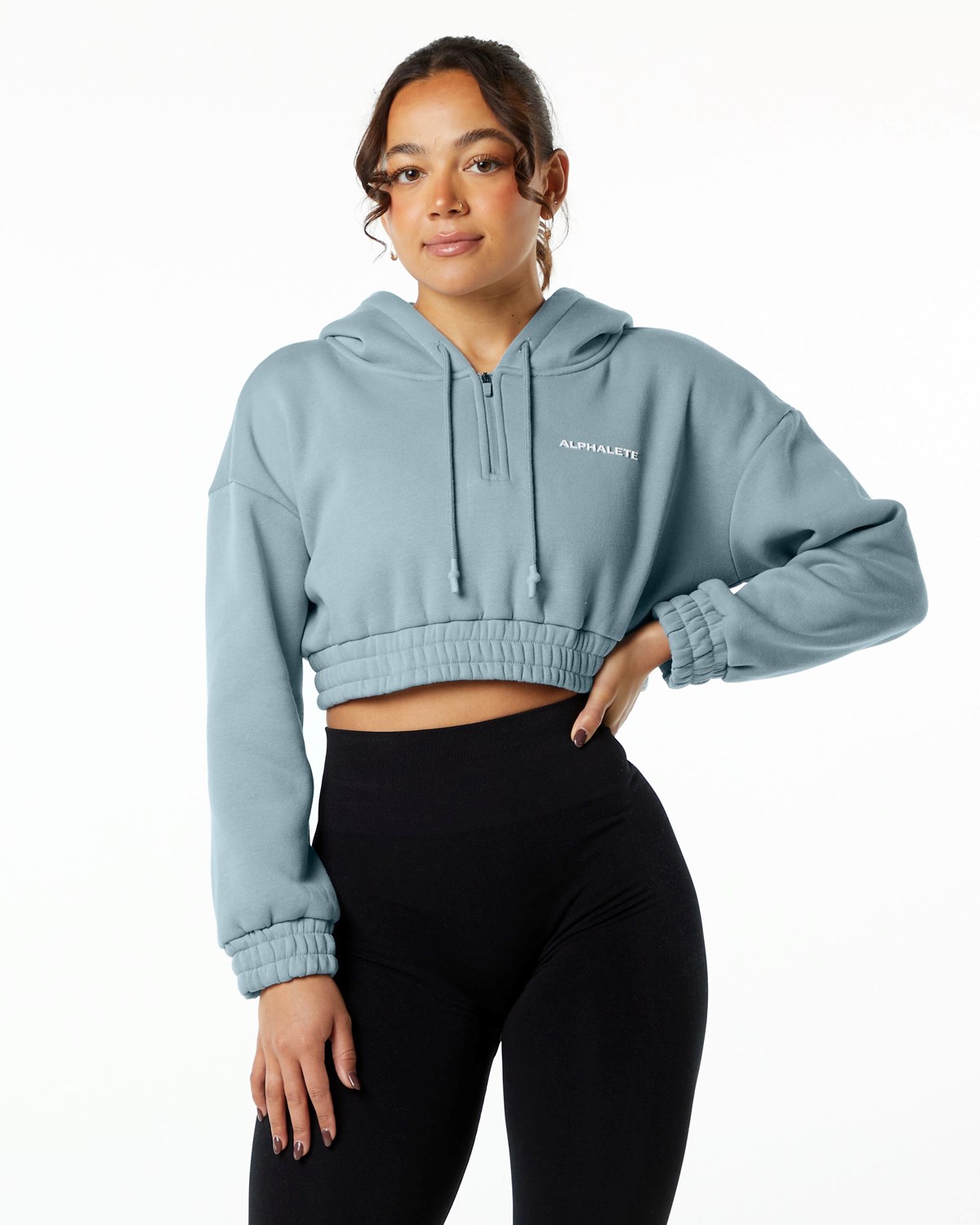 Alphalete Brushed Fleece Half-Zip Crop Hoodie Bleu Femme | JOY-42320656