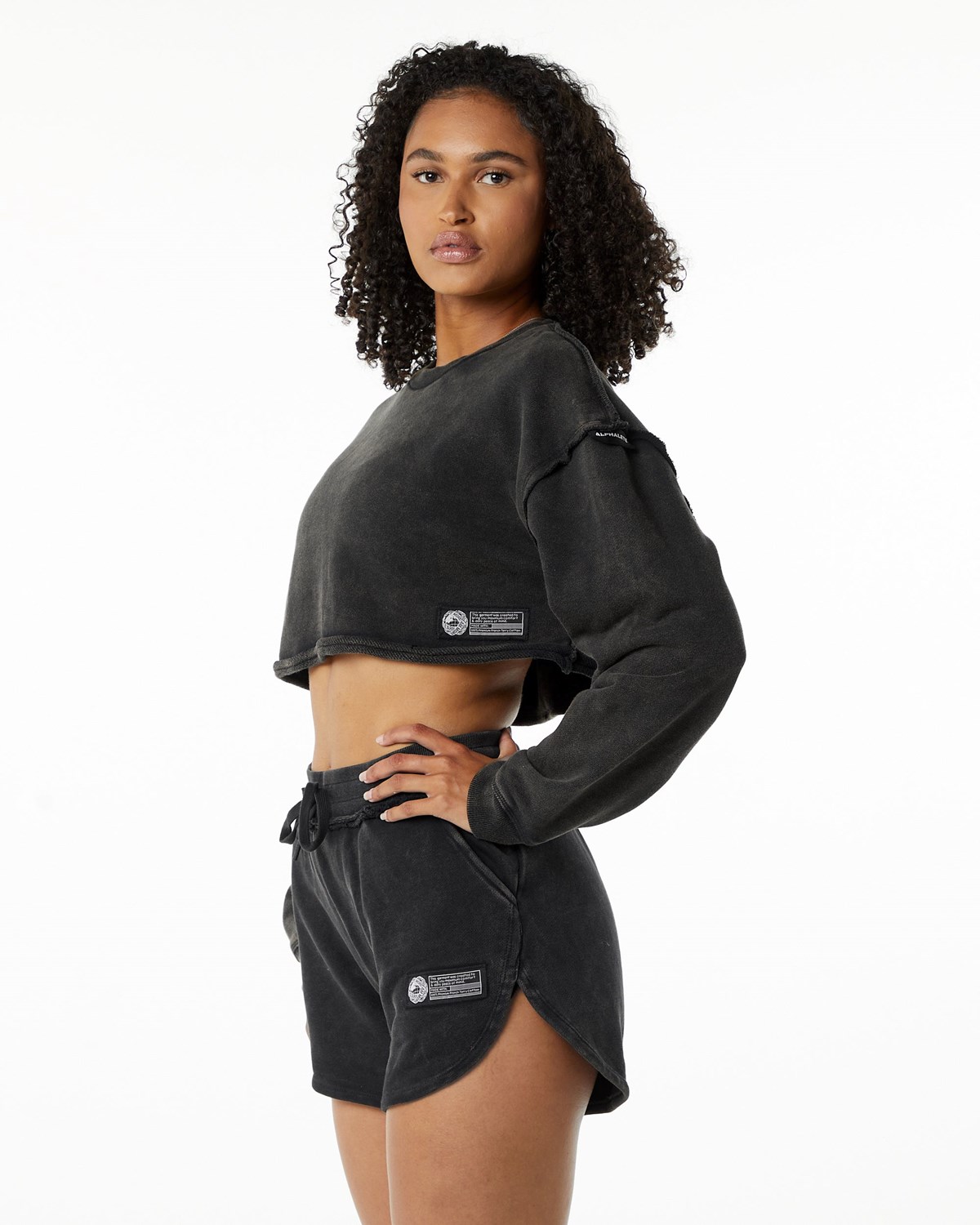 Alphalete Heavyweight Washed Terry Crop Pullover Onyx Femme | UZB-75333694