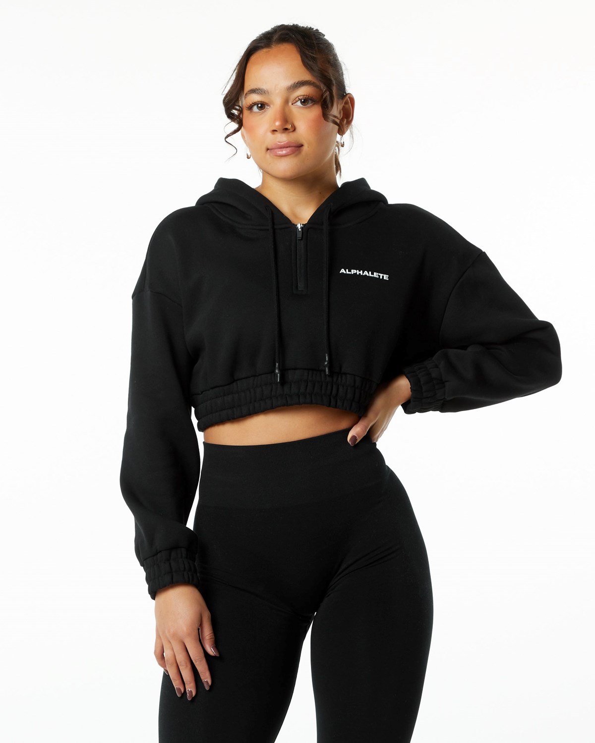 Alphalete Brushed Fleece Half-Zip Crop Hoodie Noir Femme | XNO-78858996