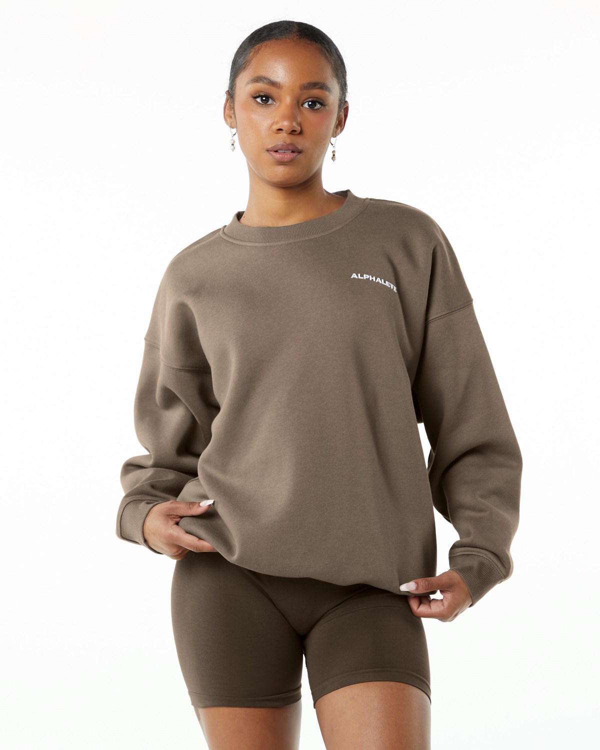 Alphalete Brushed Fleece Crewneck Pull Mocha Femme | IHY-02715984