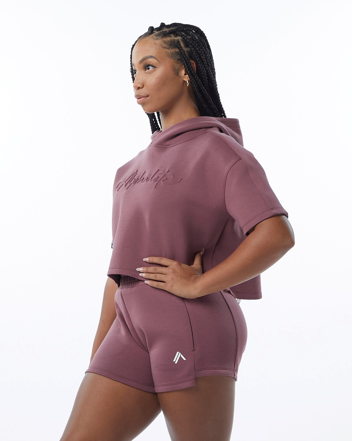 Alphalete Interlock Knit Crop Hoodie Mauve Femme | VOX-06101200