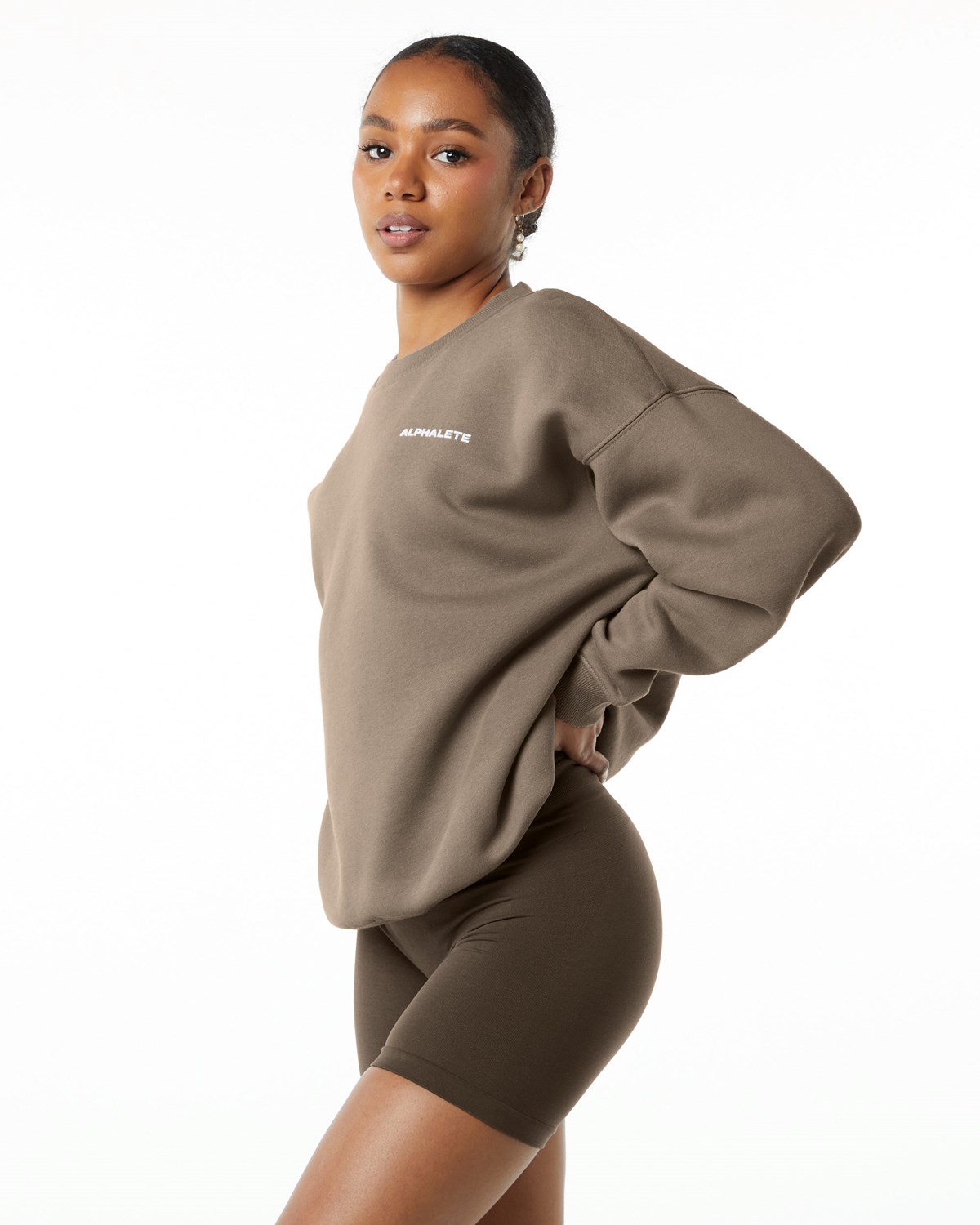 Alphalete Brushed Fleece Crewneck Pull Mocha Femme | IHY-02715984