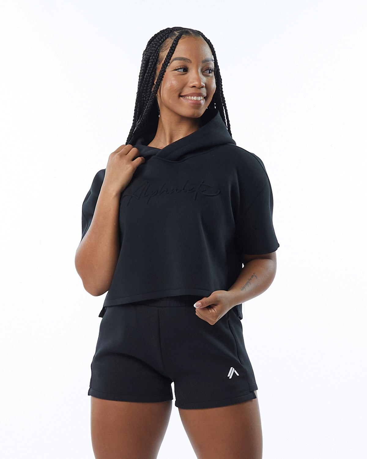 Alphalete Interlock Knit Crop Hoodie Noir Femme | TPU-44304916