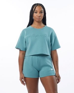 Alphalete Interlock Knit Crop Pullover Teal Femme | EFT-26811180