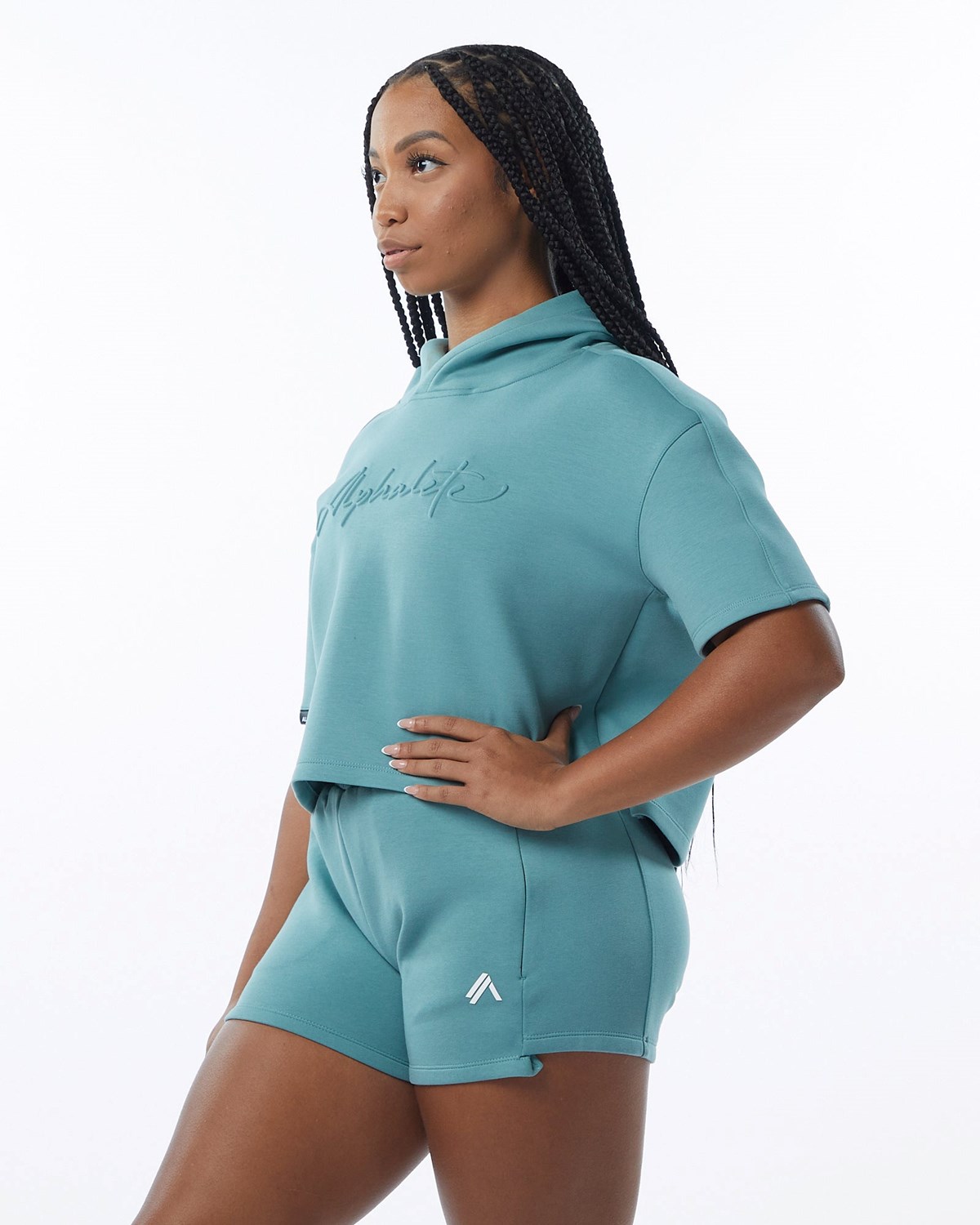 Alphalete Interlock Knit Crop Hoodie Teal Femme | LFW-78304903