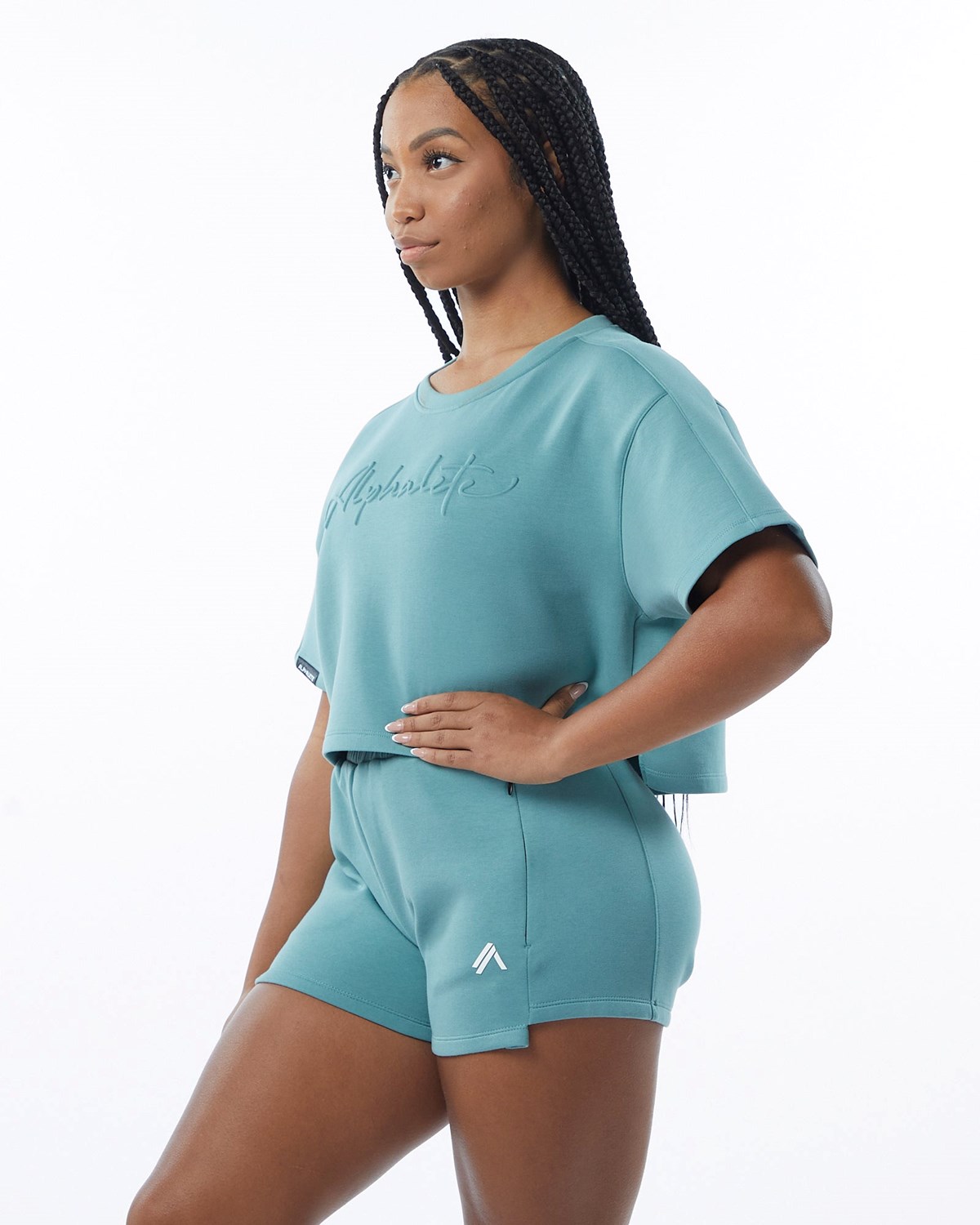 Alphalete Interlock Knit Crop Pullover Teal Femme | EFT-26811180