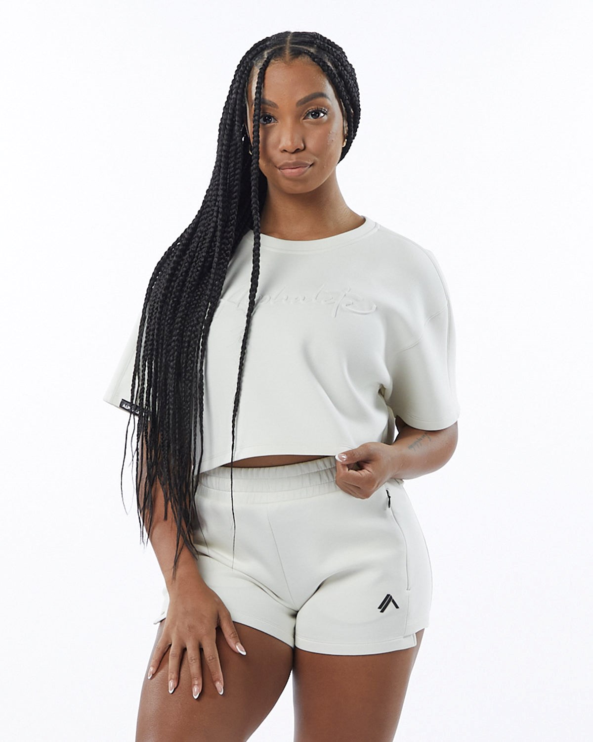 Alphalete Interlock Knit Crop Pullover Blanche Femme | DXB-31281379