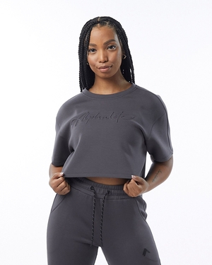 Alphalete Interlock Knit Crop Pullover Charcoal Femme | ULZ-50929263