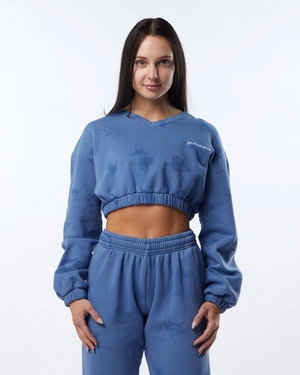 Alphalete Washed V-Neck Fleece Pull Bleu Femme | XOJ-31900806