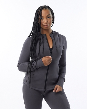 Alphalete Interlock Knit Full-Zip Hoodie Charcoal Femme | YZH-49287736