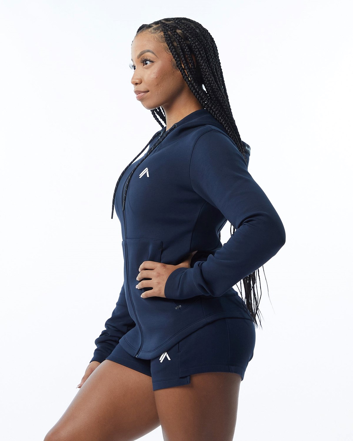 Alphalete Interlock Knit Full-Zip Hoodie Bleu Marine Femme | LON-11933364