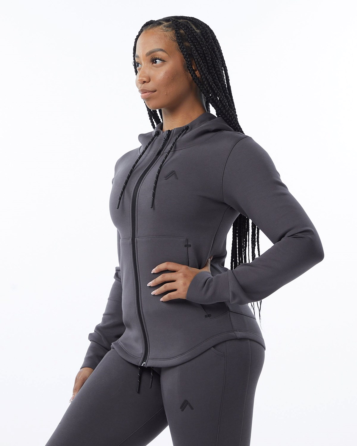 Alphalete Interlock Knit Full-Zip Hoodie Charcoal Femme | YZH-49287736