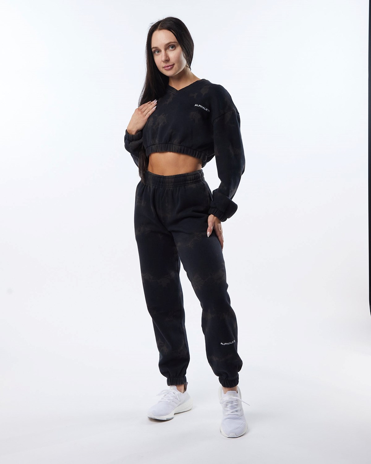 Alphalete Washed V-Neck Fleece Pull Noir Femme | ALL-43590758