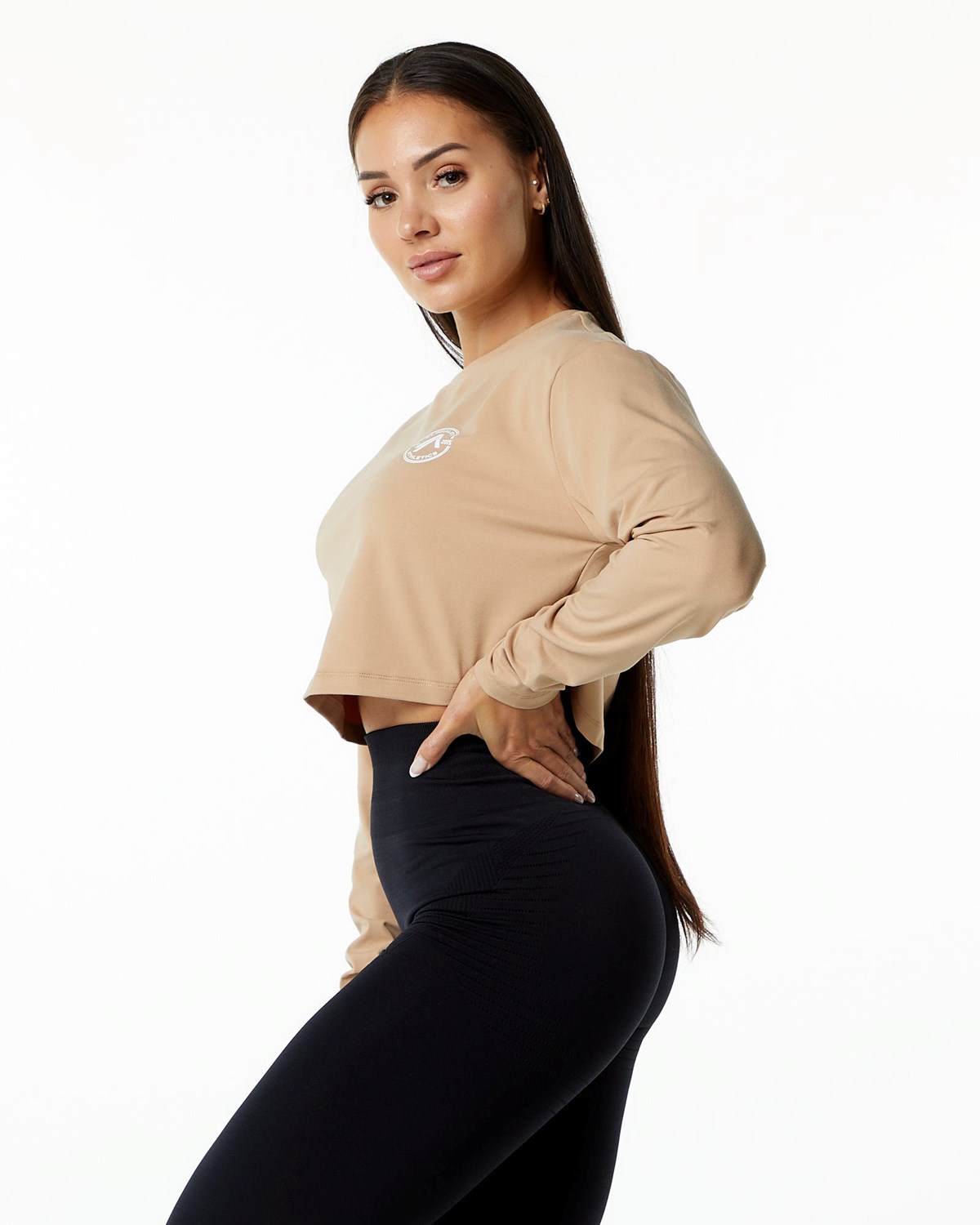 Alphalete Oversized Performance Long Sleeve Crop Taupe Femme | QXQ-86314164