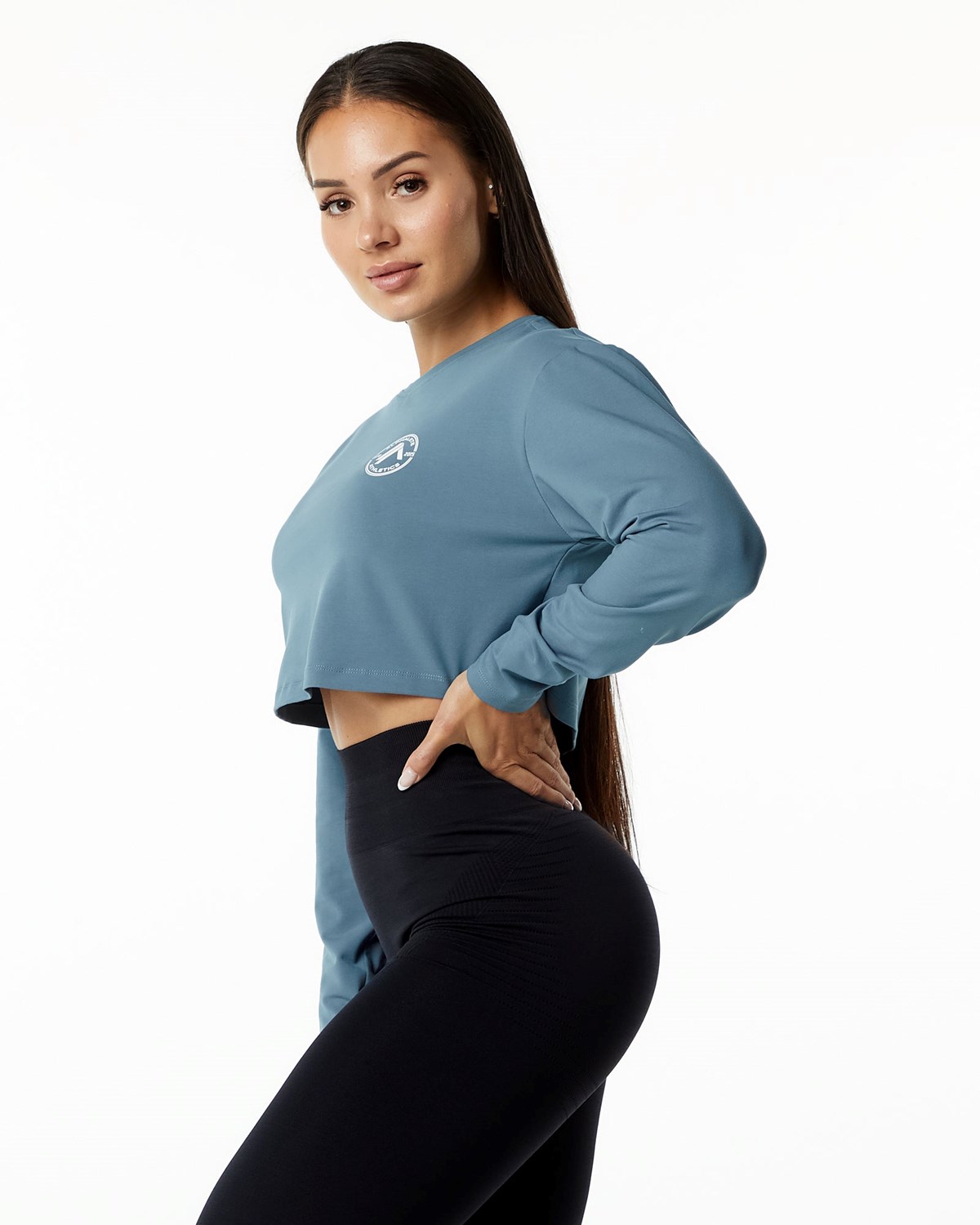 Alphalete Oversized Performance Long Sleeve Crop Bleu Femme | LVY-45725506