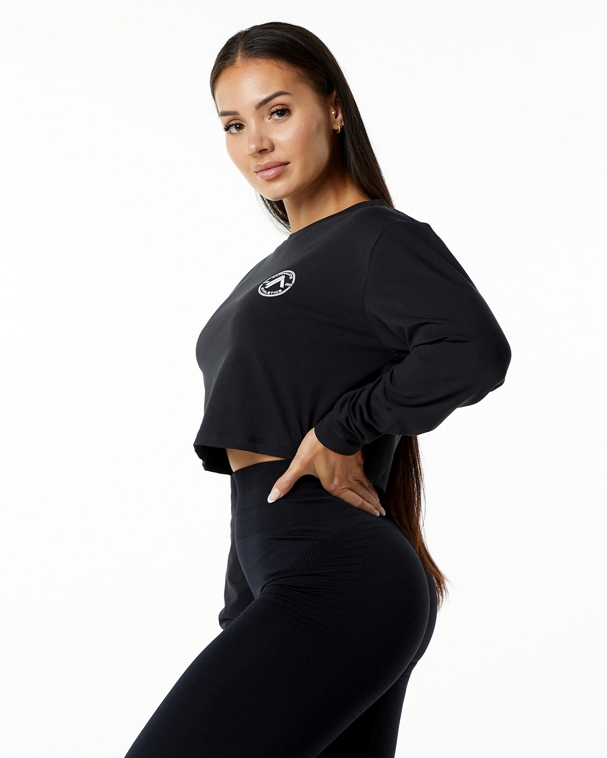 Alphalete Oversized Performance Long Sleeve Crop Noir Femme | LEV-18909672