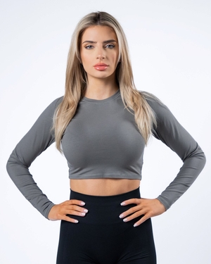 Alphalete Cropped Premium Long Sleeve Grise Femme | HUO-66924375