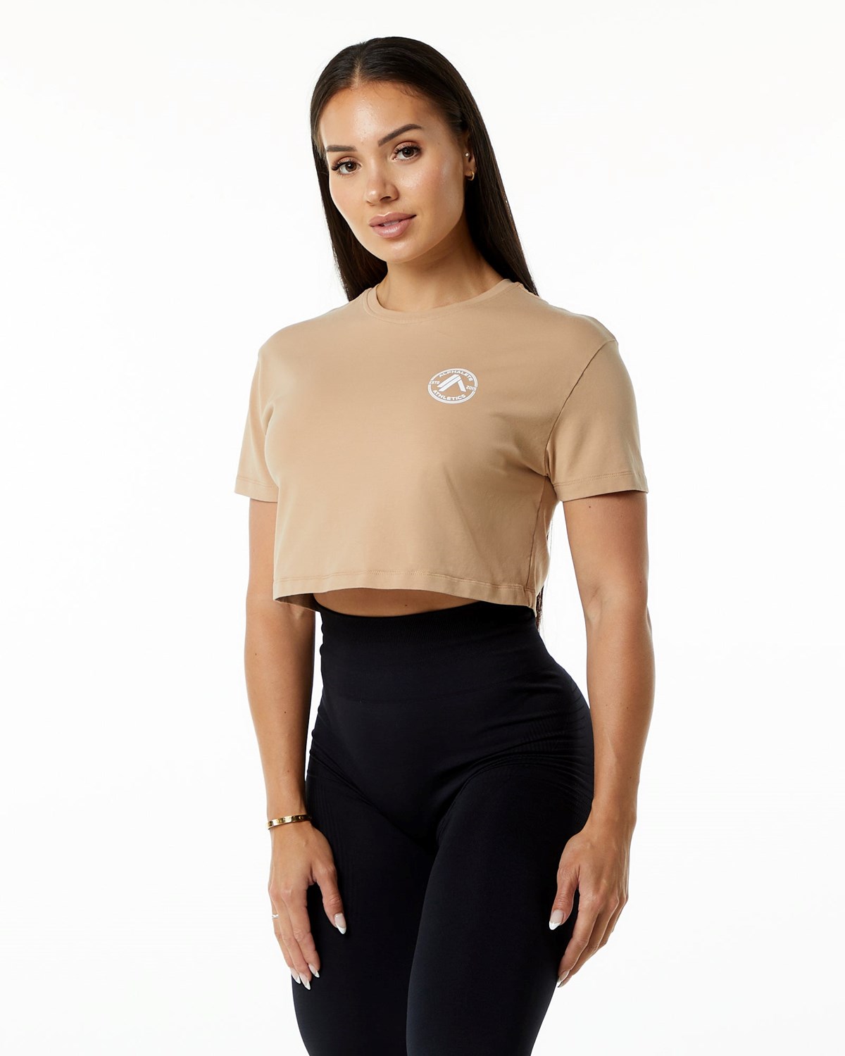 Alphalete Fitted Performance Corta Sleeve Crop Taupe Femme | EXD-55200189