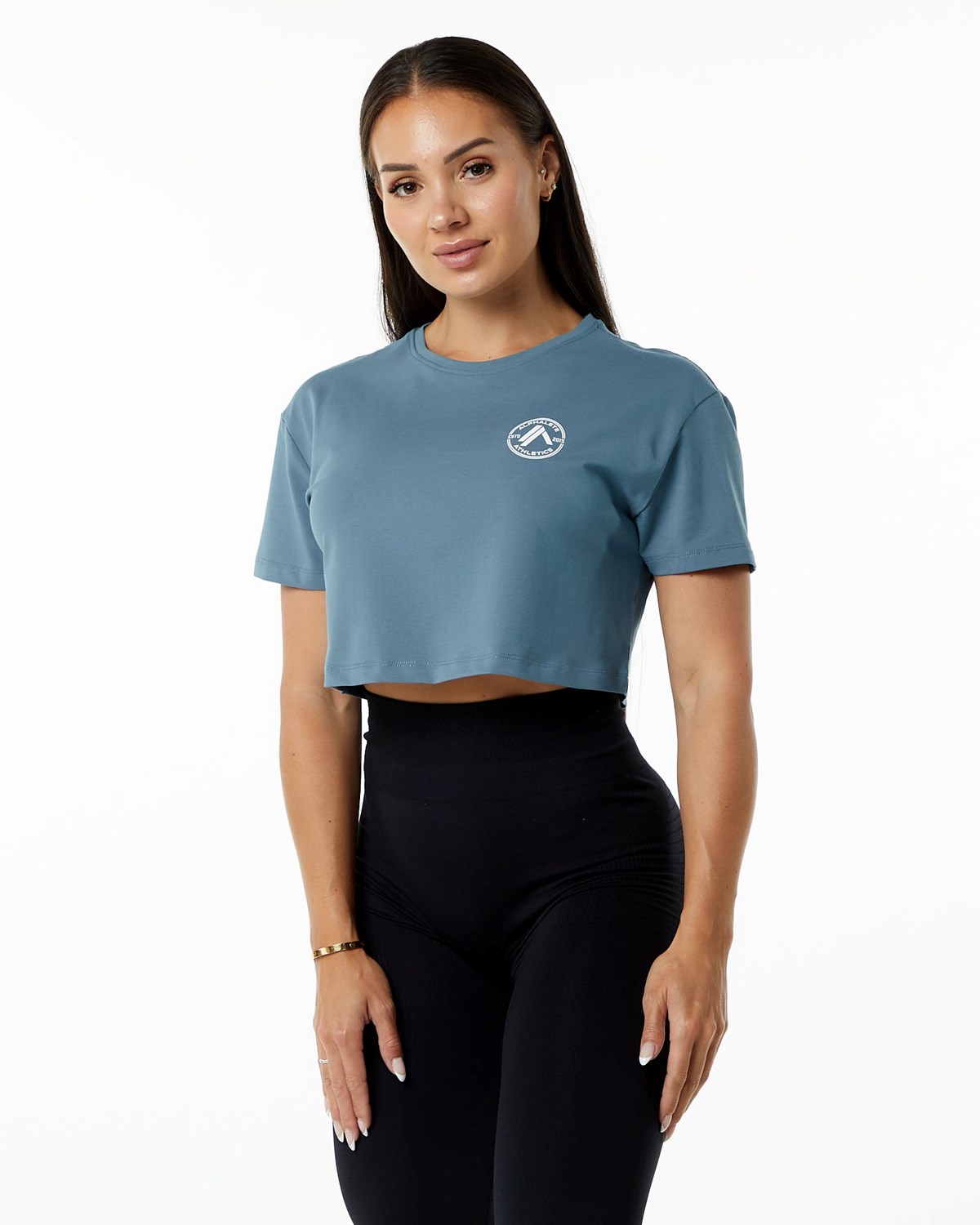 Alphalete Fitted Performance Corta Sleeve Crop Bleu Femme | AMT-20635633