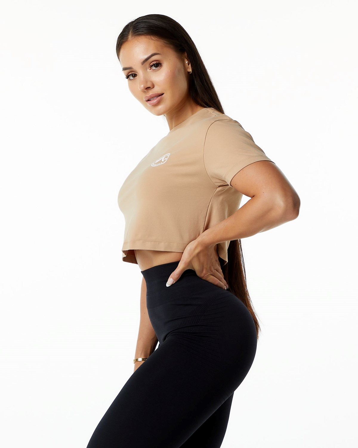 Alphalete Fitted Performance Corta Sleeve Crop Taupe Femme | EXD-55200189