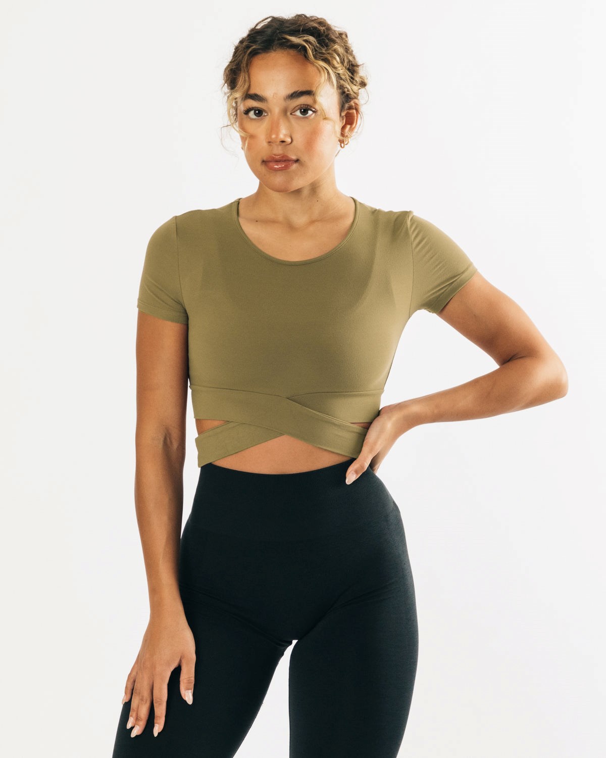 Alphalete Fitted Corta Sleeve Tie Top Vert Olive Femme | NHK-38483441