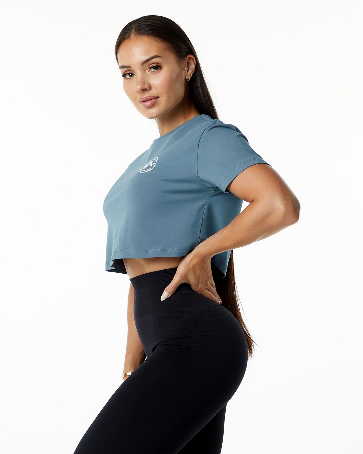 Alphalete Fitted Performance Corta Sleeve Crop Bleu Femme | AMT-20635633