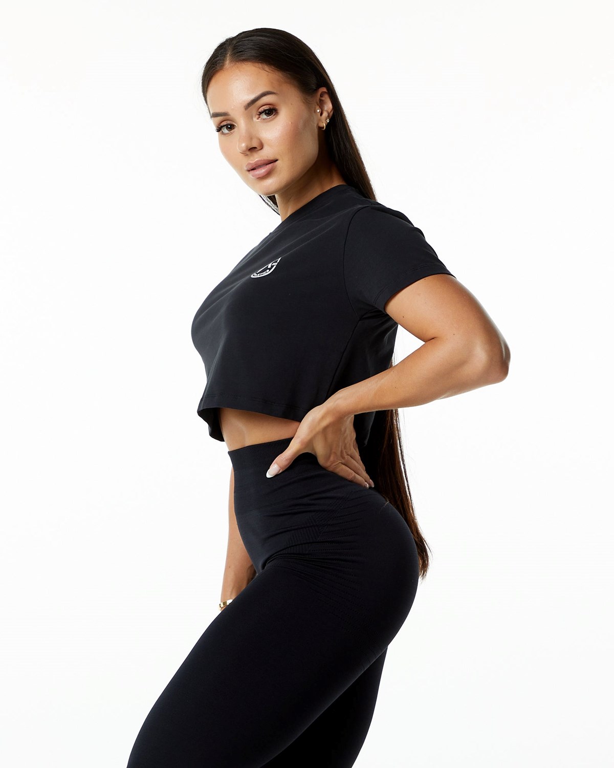 Alphalete Fitted Performance Corta Sleeve Crop Noir Femme | ATV-32855332