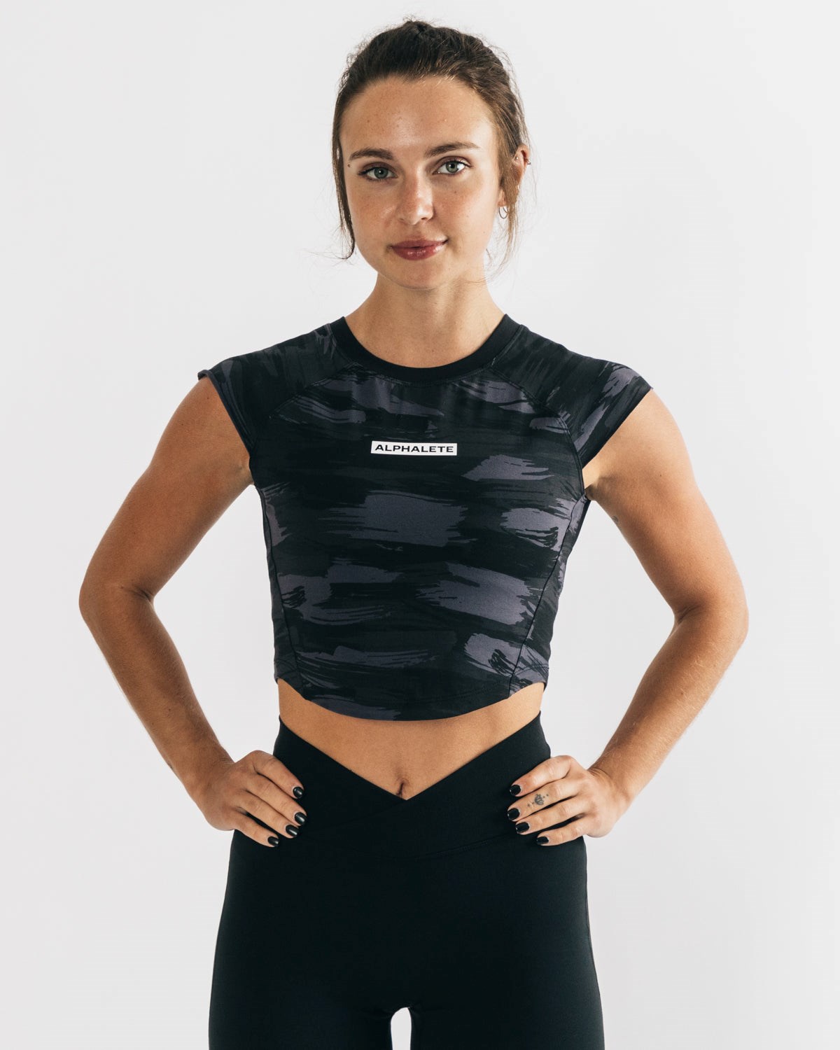 Alphalete High Performance Corta Sleeve Crop Tee Noir Camouflage Femme | GFF-67130907