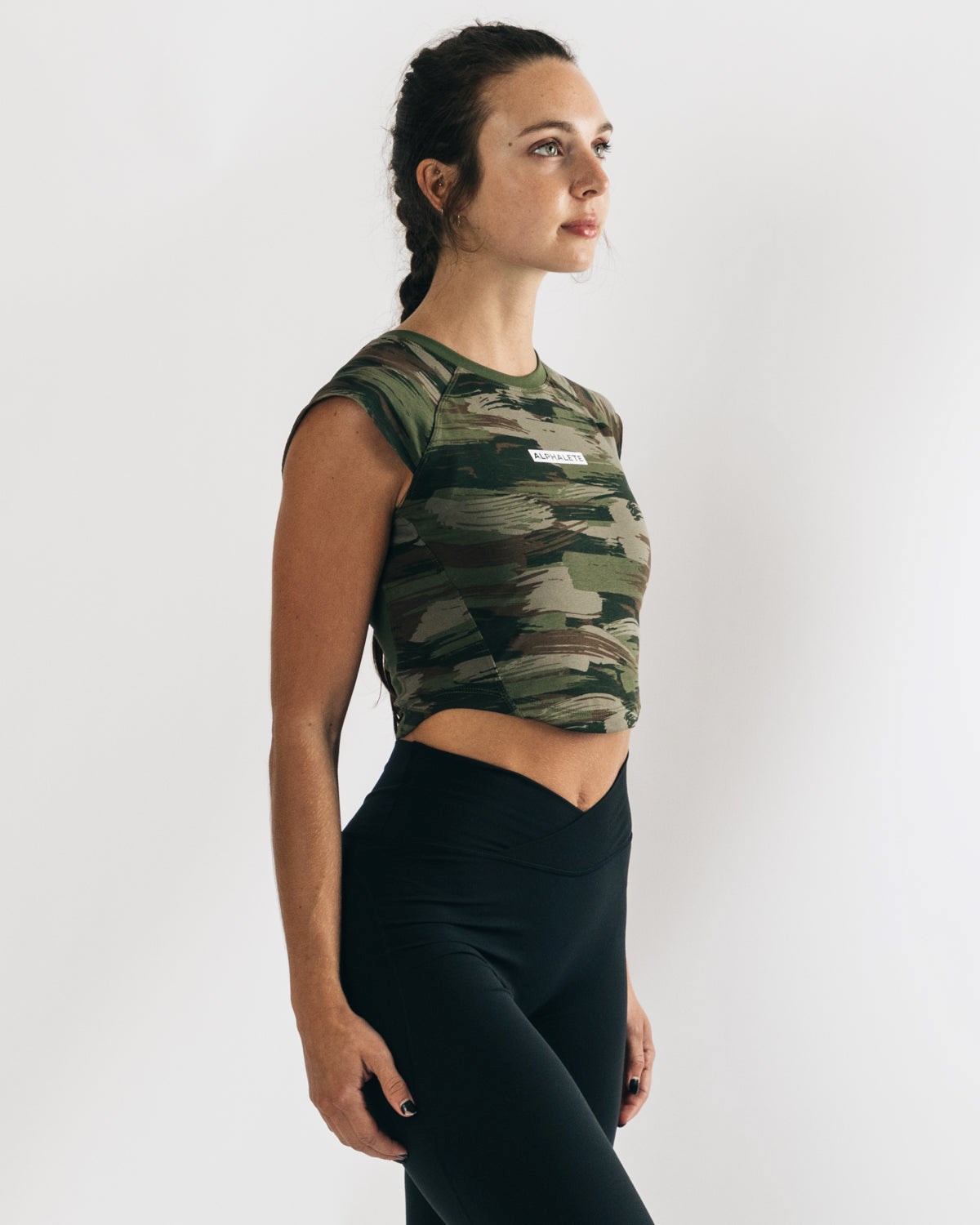 Alphalete High Performance Corta Sleeve Crop Tee Vert Olive Camouflage Femme | ASK-90336409