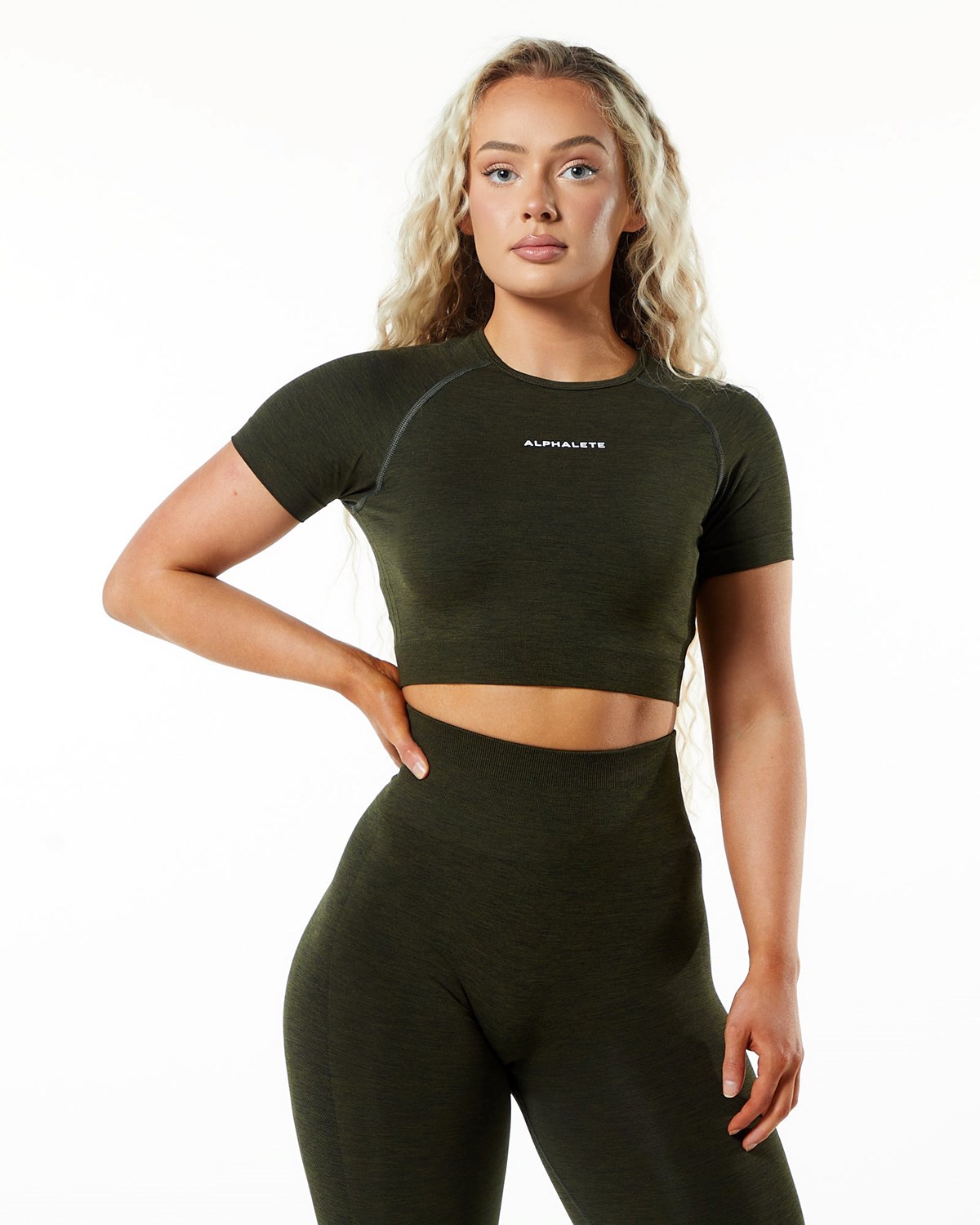 Alphalete Cropped Seamless Corta Sleeve Evergreen Femme | RAM-98016144