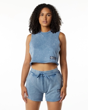 Alphalete Mid-Weight Washed Terry Crop Cutoff Bleu Femme | KXZ-29510247