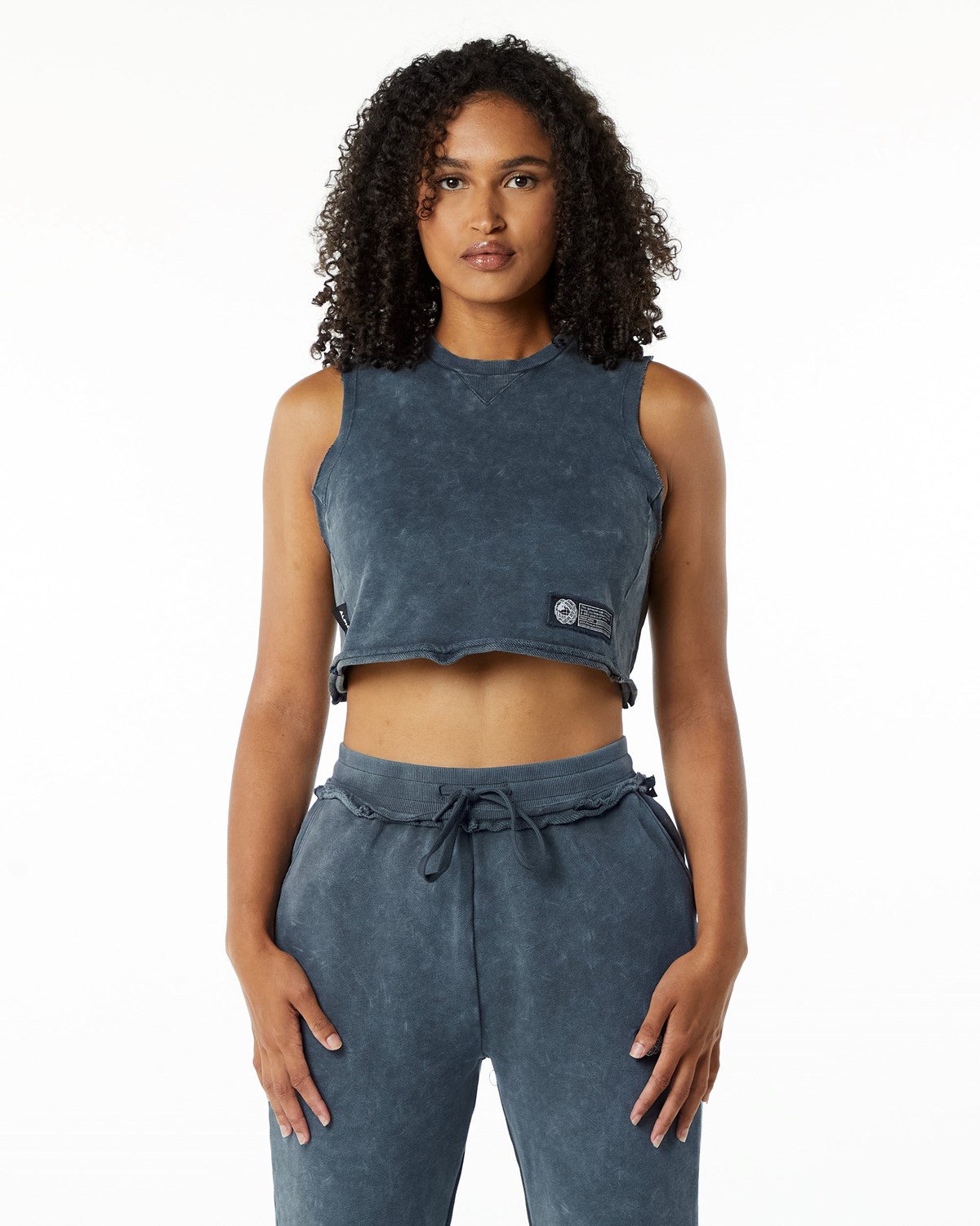 Alphalete Mid-Weight Washed Terry Crop Cutoff Bleu Femme | FGL-17856136