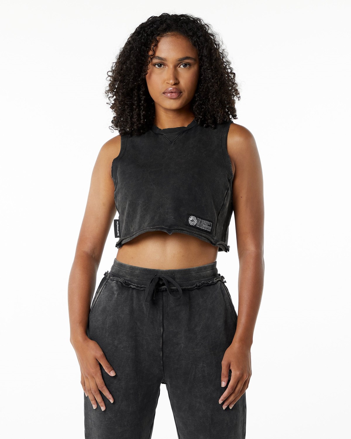 Alphalete Mid-Weight Washed Terry Crop Cutoff Onyx Femme | HUM-24802081