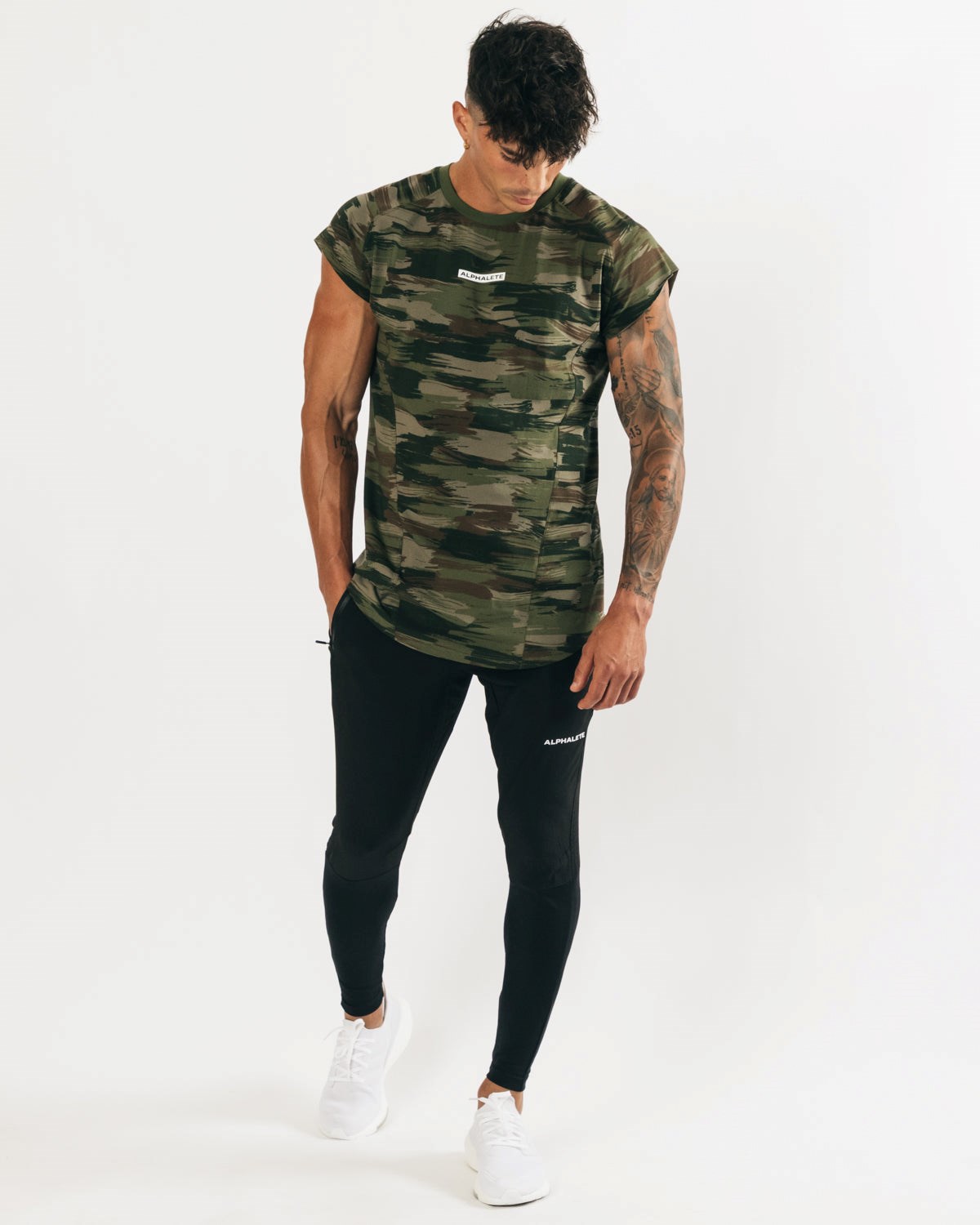 Alphalete High Performance Sans Manches Tee Vert Olive Camouflage Homme | PUU-91173500