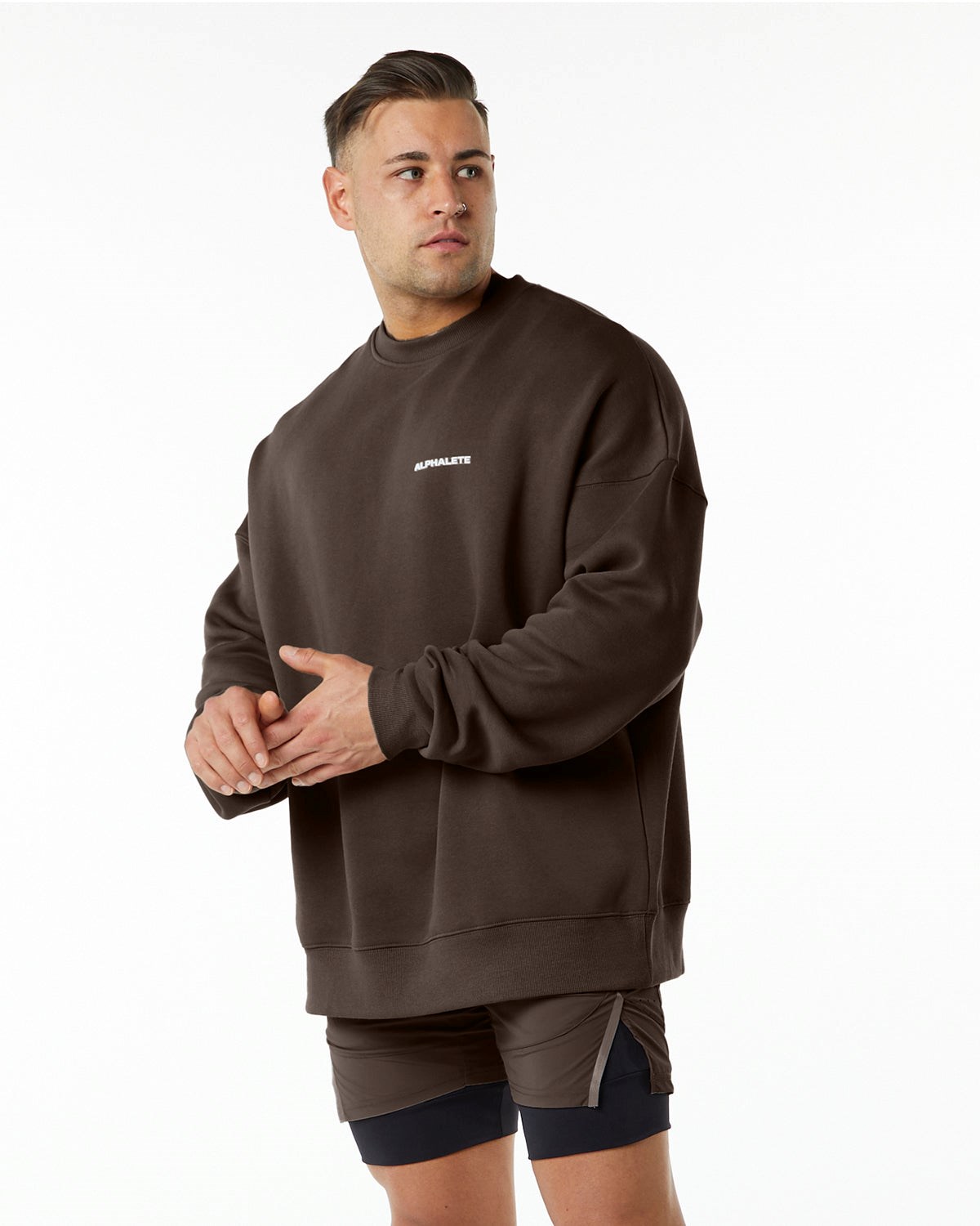 Alphalete Brushed Fleece Crewneck Pull Marron Homme | RWJ-61892037